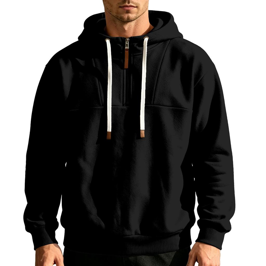 Men's Half‑Zip Fleece Hoodie, Leather‑Tip Drawstrings, Ribbed Cuffs & Hem, Relaxed Fit Casual Pullover Sweatshirt