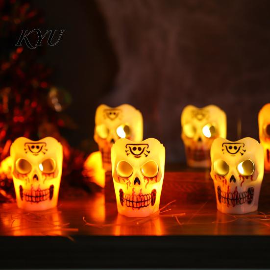 Flameless Halloween Decoration Lights LED Candle, Spooky Skull Pumpkin Fake Pillar Candles, Battery Operated Candles 3D Flickering Candle Light