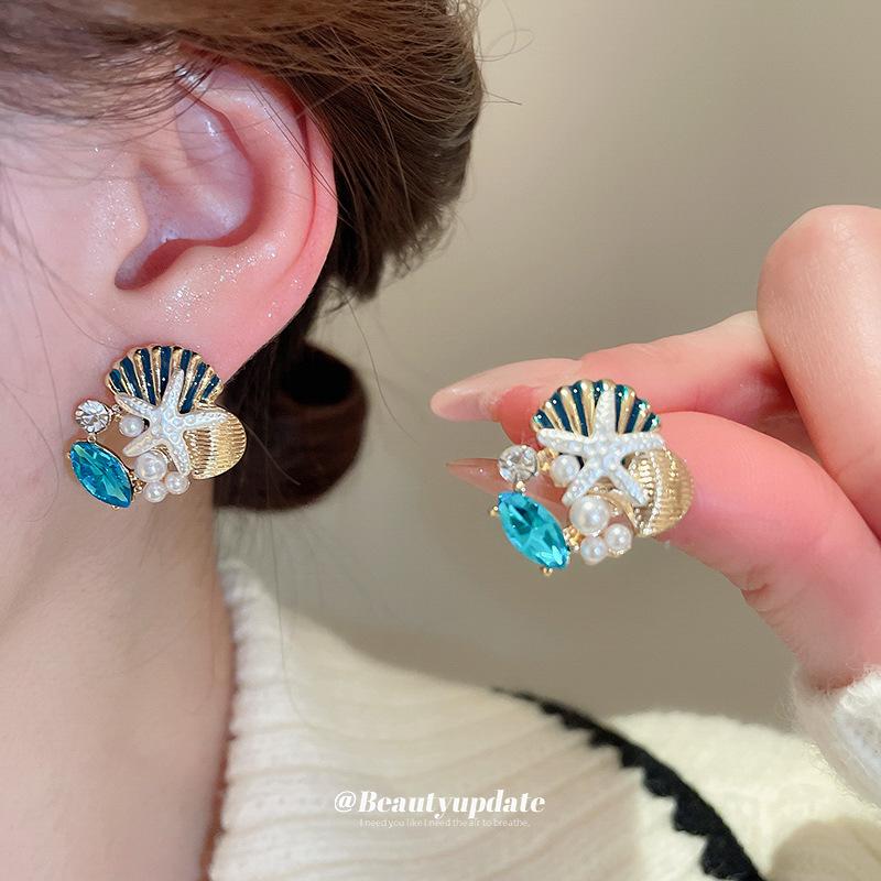 Dripping Starfish Shell Coral Stud Earrings Necklace Versatile Clavicle Chain Set