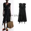 Spring New Women's Clothing Commute Style V Neck Sleeveless Ruffles Stomach Blanket Style Mid Length Long Length High Waist A- Line Dress