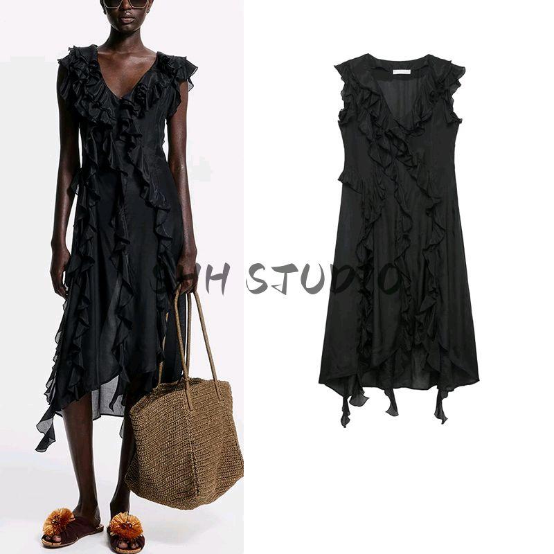 Spring New Women's Clothing Commute Style V Neck Sleeveless Ruffles Stomach Blanket Style Mid Length Long Length High Waist A- Line Dress