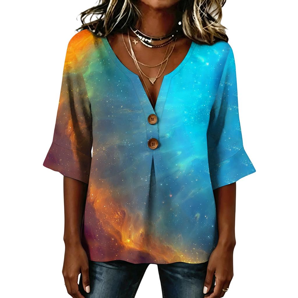 Ladies' Cross Dyed Printed Button Casual V-neck Fashionable Seven Quarter Sleeve Top