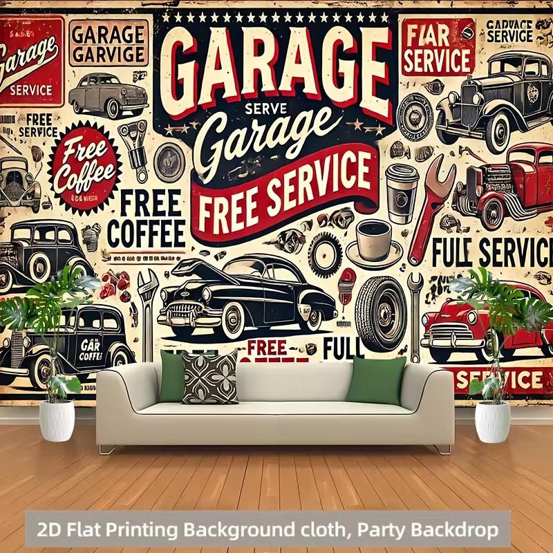Retro Garage Car Show Tapestry American Auto Repair Wall Art for Home