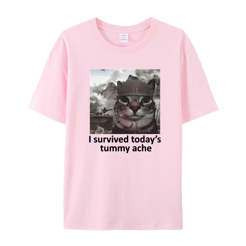 I Survived Today's Tummy Ache Short Sleeve T-shirt Men's and Women's Funny Cat Terriers Summer Trend High Quality Cotton Top