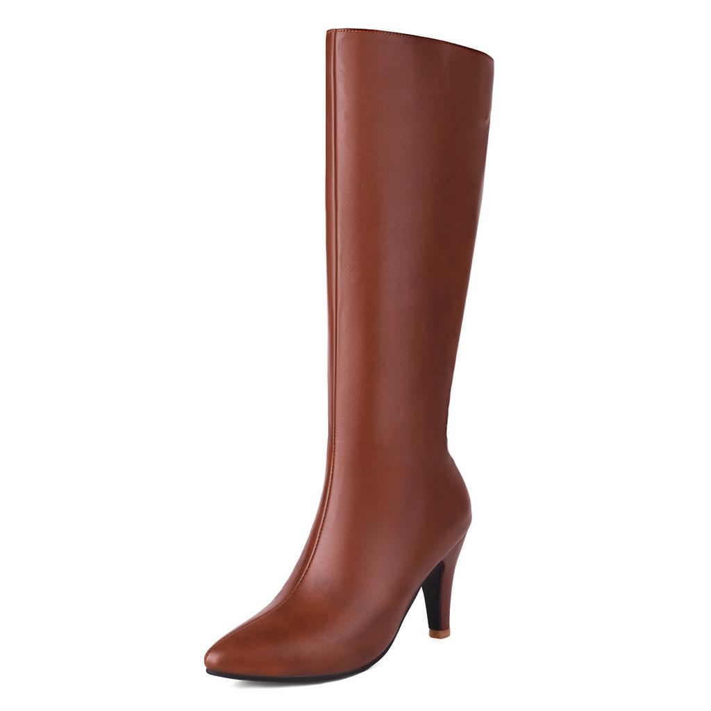 Autumn Winter Women Knee High Boots Chunky Spike Heel Sexy Dress Casual Party Lady Red Black Brown Pointed Toe Zipper Long Boots