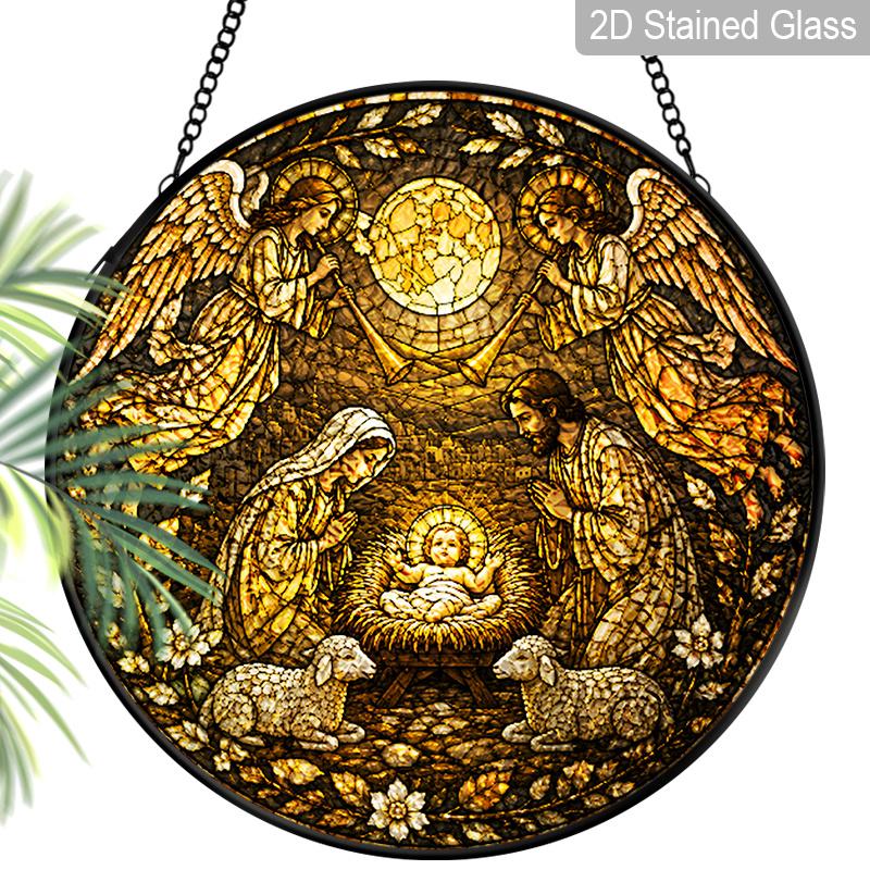 1pc 2D Flat Religious Stained Glass Suncatcher, 6.3/7.87 Inch Nativity Scene Glass Hanging Ornament, Religious Christmas Decor, Angelic Stained Glass
