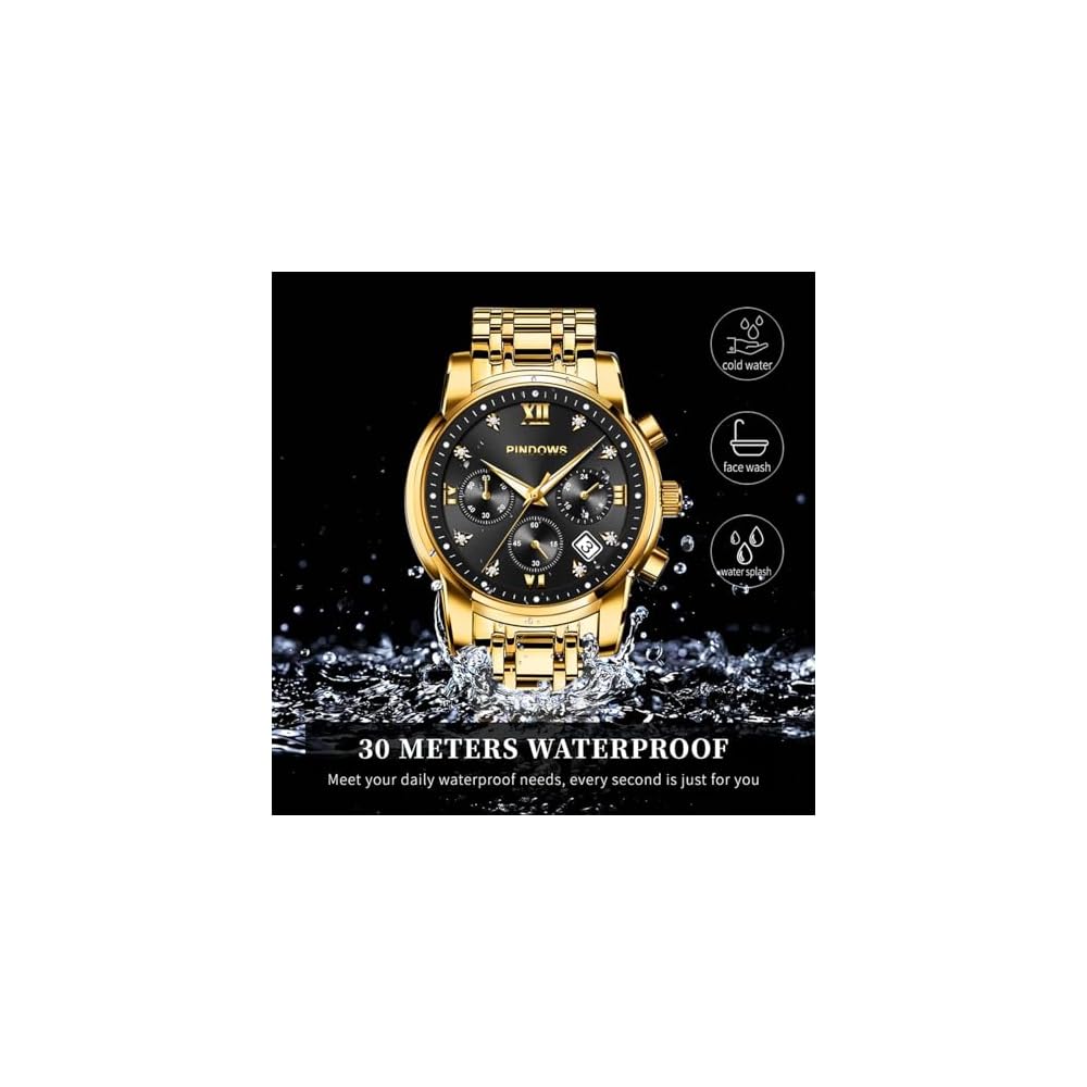 PINDOWS Men's Analog Quartz Watch Diamond Business Dress Waterproof Luminous Date Two-Tone Stainless Steel Band Classic Fashion Watch