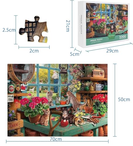 CHengQiSM 1000-Piece Jigsaw Puzzle: Cats Playing by the Window, Stylish Interior Design (70x50cm)