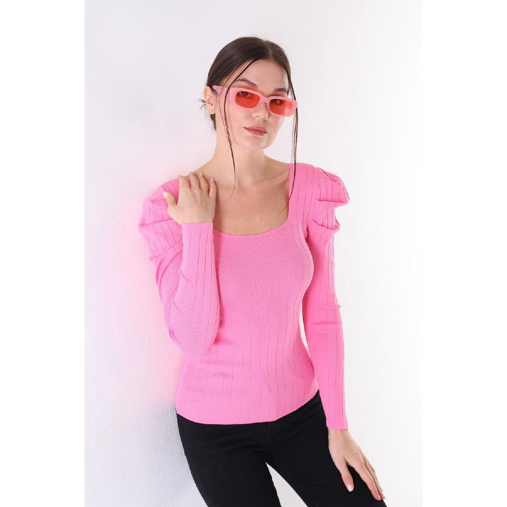 Women's Red Sleeve Pleated Gathered Princess Sleeve Square Collar Blouse Sweater