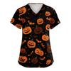 Women's V-Neck Short Sleeve Scrub Top with Pockets Halloween Print Uniform for Work