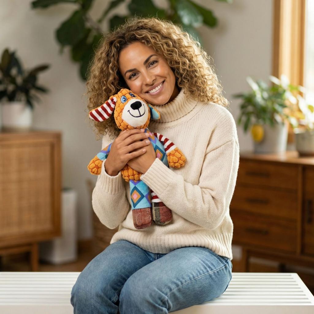 Plush Patchwork Dog Toy Soft Stuffed Animal Durable Stitching Squeaky Sound Interactive Pet Chew Toy for Medium Large Dogs