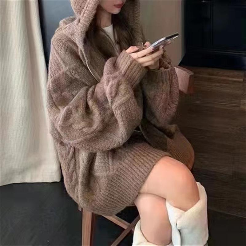 Retro Twist Jednobarevný Svetr na Zip Kardigan Podzim a Zima Volný Líný Větruodolný Pletený Kardigan s Kapucí Dámský