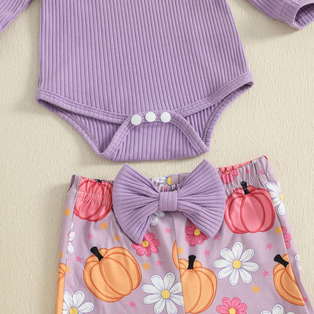 Baby Girl Halloween Flutter Sleeve Romper with Ghost/Pumpkin Pants & Headband - 3 Piece Set