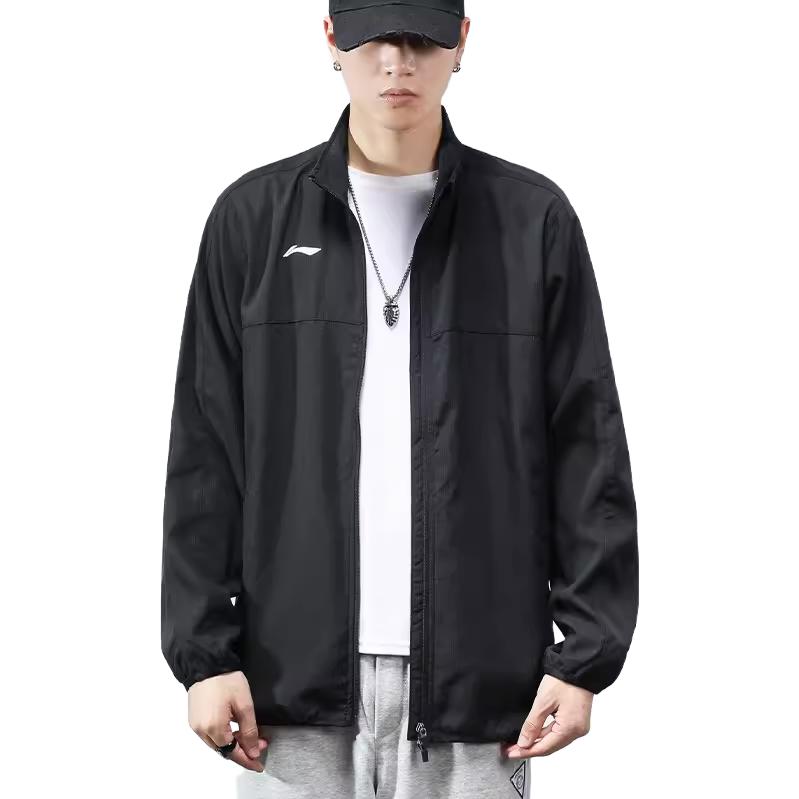 Li Ning Solid Color Stand Collar Zipper Brand Logo Embroidered Loose Long Sleeve Jacket Men jackets Black AJDR475-3