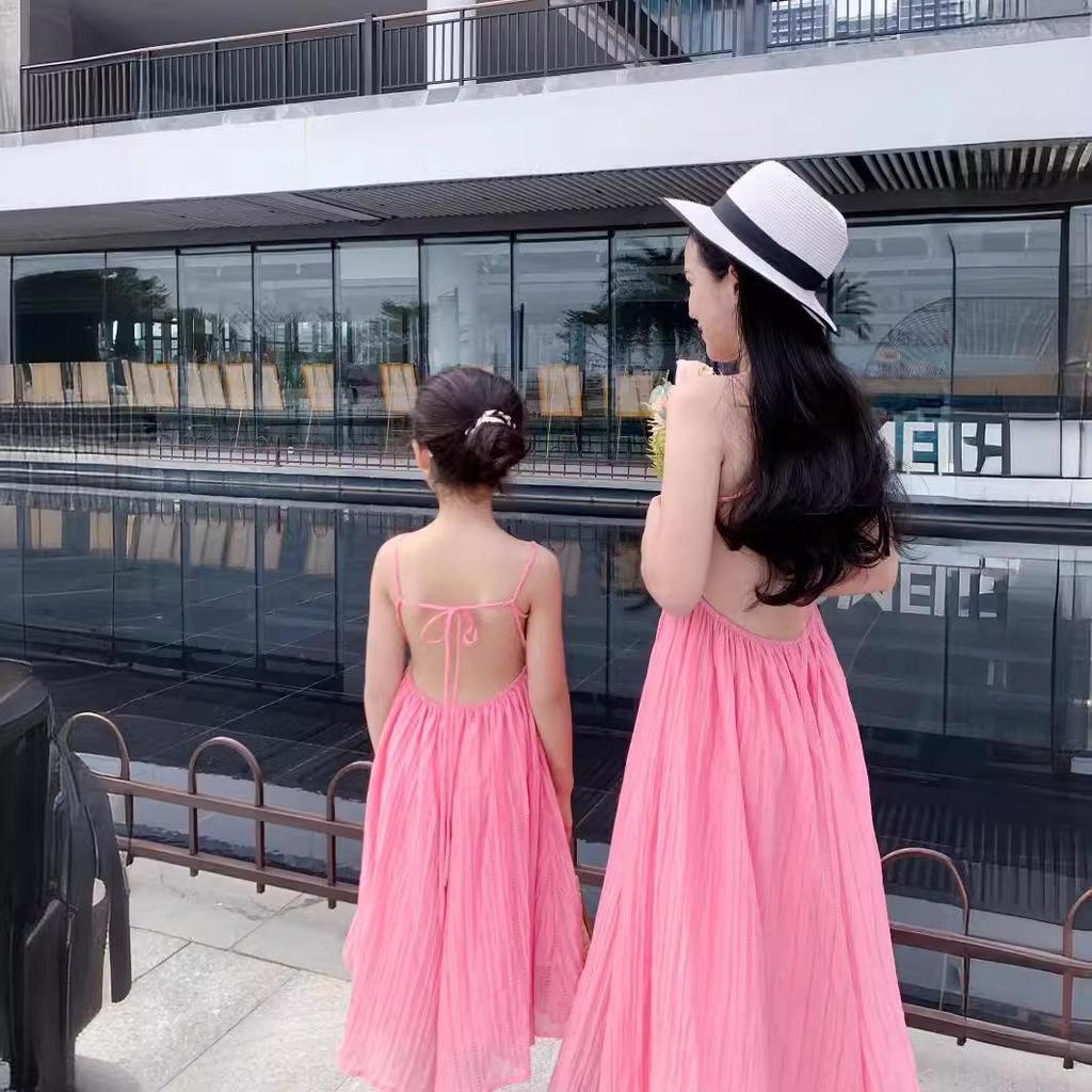 2024 Summer Mother-Daughter Backless Tie-Up Fairy Skirt Beach Dress