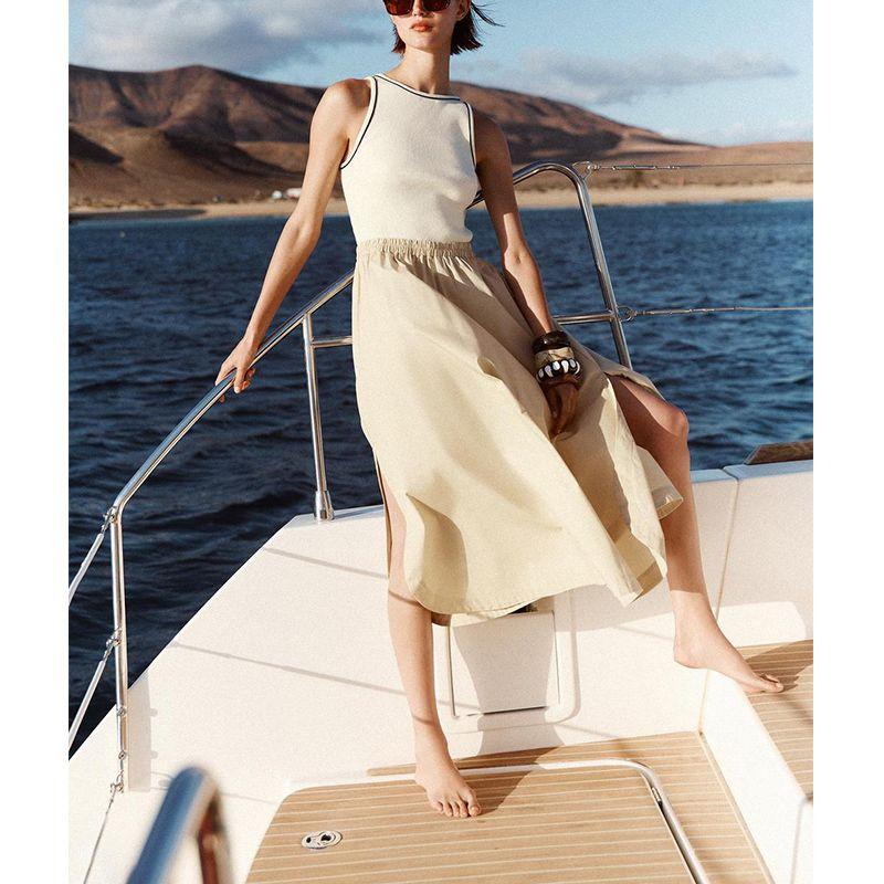 Summer Women's Clothing Contrast Color Rolled Trim Patchwork Sleeveless round Neck Midi Skirt Dress 8372046 8351047