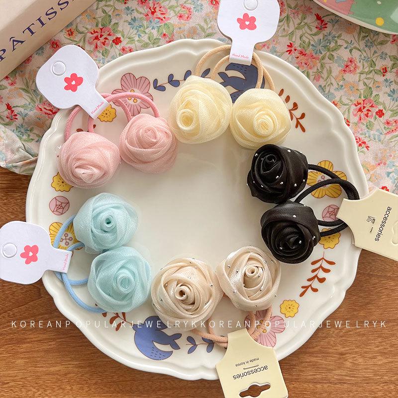 Set elastic de păr cu strasuri trandafir dulce: Accesoriu pentru Coadă de Cal cu Dantelă Elastică Înaltă cu Flori pentru Copii