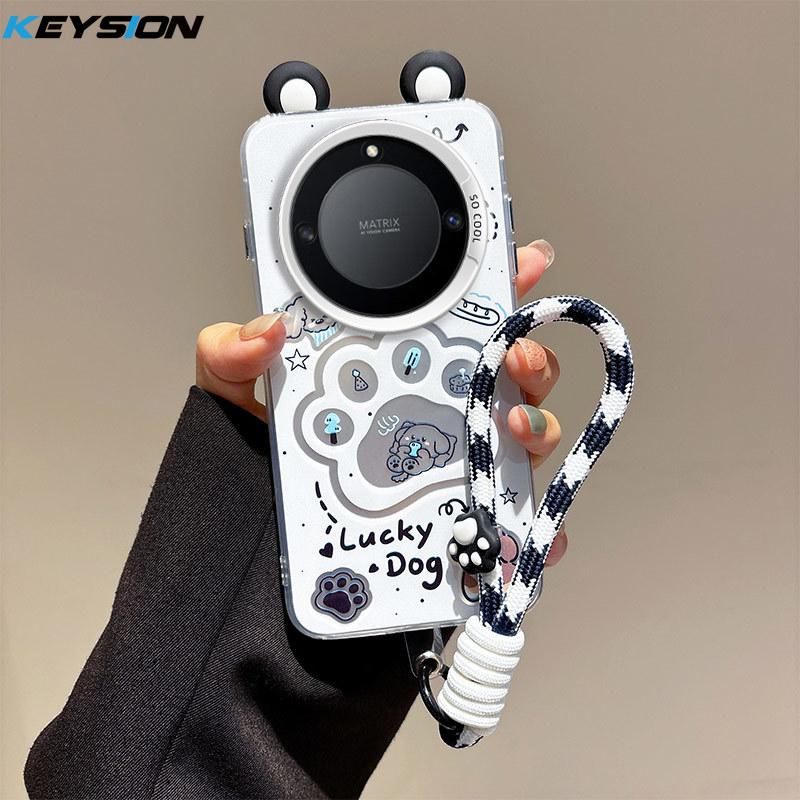 KEYSION Cute Ear Cartoon Case for HONOR X9A 5G with Lanyard Soft Silicone+PC Shockproof Phone Cover for Huawei Magic 5 Lite 5G