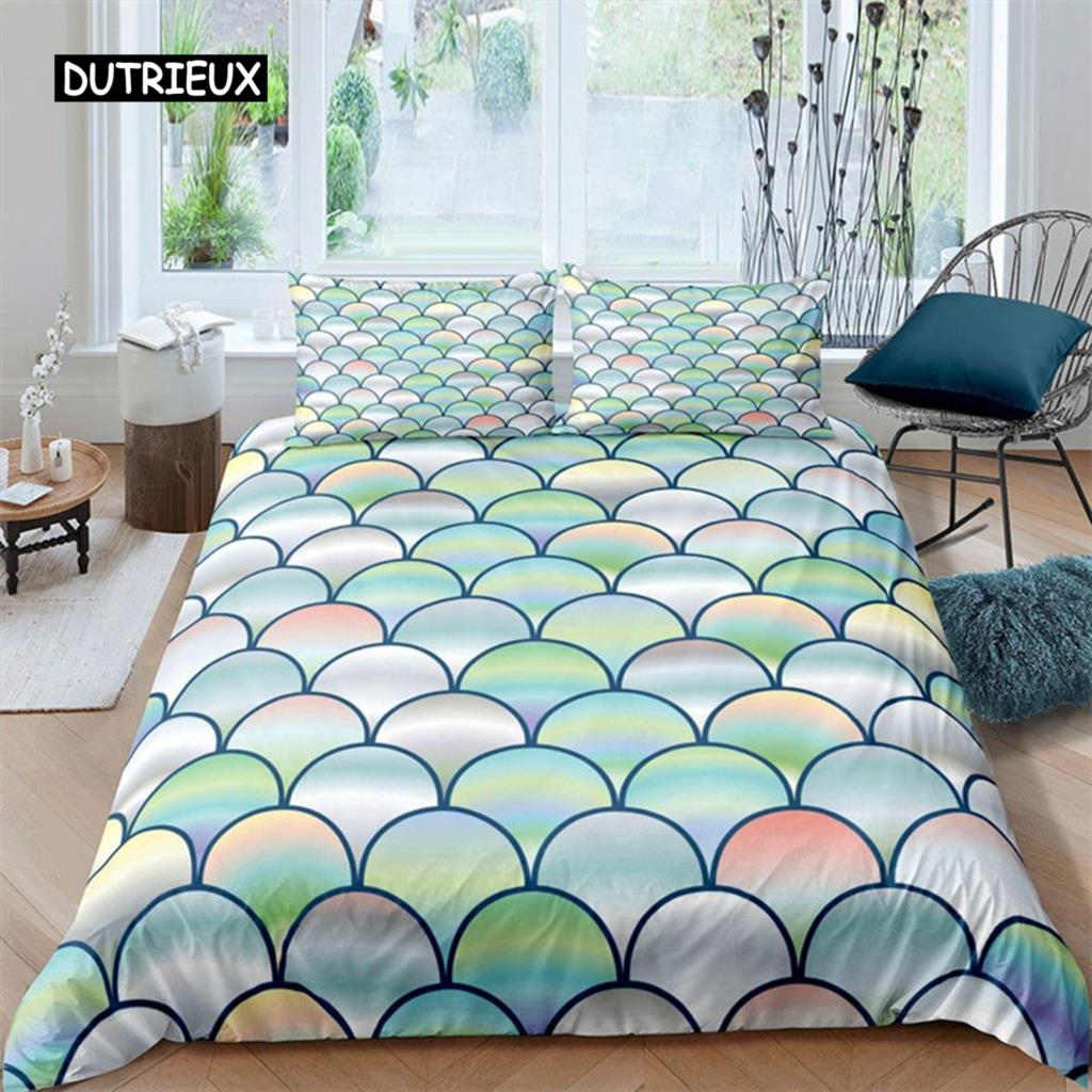 Färgglatt påslakan med sjöjungfruskal, tryck med fiskfjäll, sängklädesset King Full för barn pojkar flickor, havstema, täcköverdrag