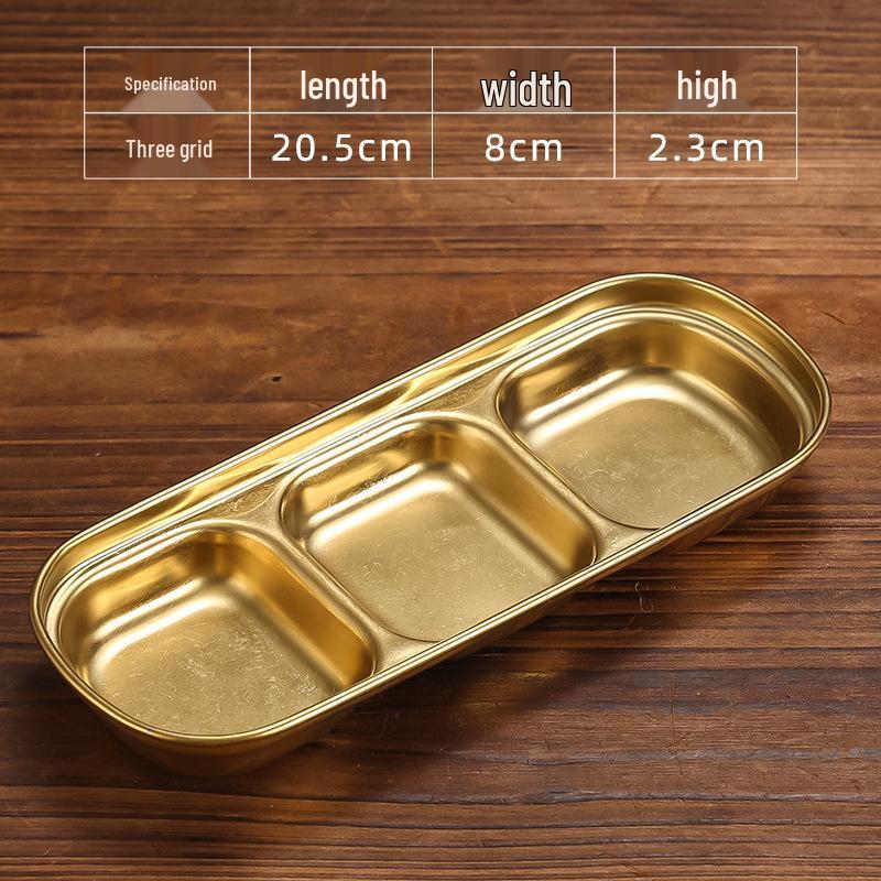 Retro Gold Stainless Steel Tableware Set: Rectangular Plate, Seasoning Dish, Bowl, Water Cup, Chopsticks, Spoon.