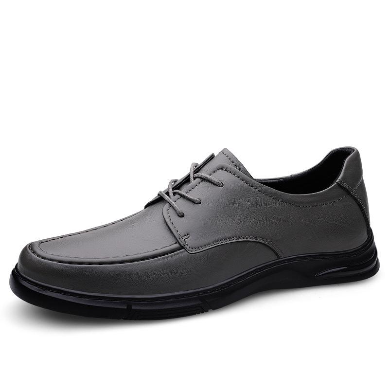 Men's round head first-layer cowhide casual shoes front lace-up flat heel shallow mouth business dress work versatile leather shoes