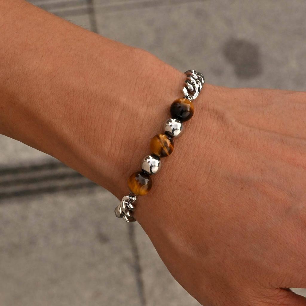 Stainless Steel Men's Beaded Bracelet,Double-layer Natural Tiger Eye Stone Bracelet,Simple Classic Jewelry Gift