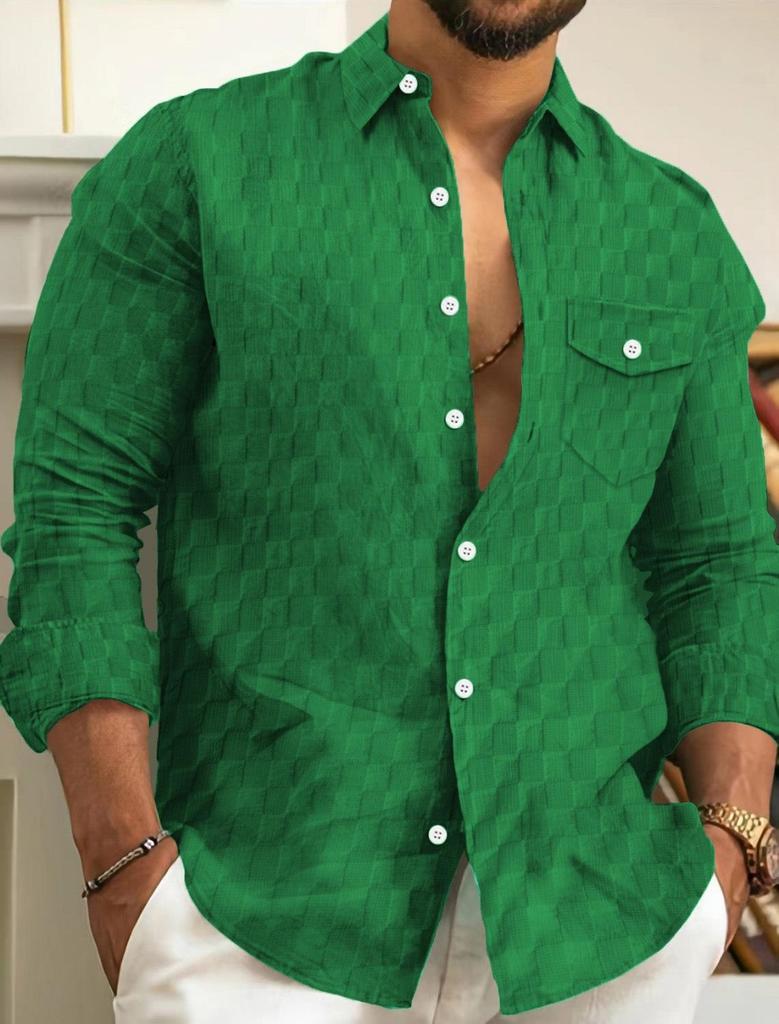 Men's Checkered Chest Pocket Lapel Long Sleeved Shirt