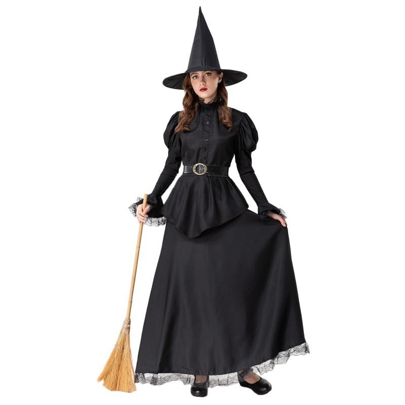 Womens Halloween Costume Set Black Witch Cosplay Outfit Dress Hat Belt Party Stage Role Play