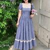 ZANZEA Abito Lungo da Donna Casual a Manica Corta con Scollo Tondo e Inserti in Pizzo con Stampa a Quadri