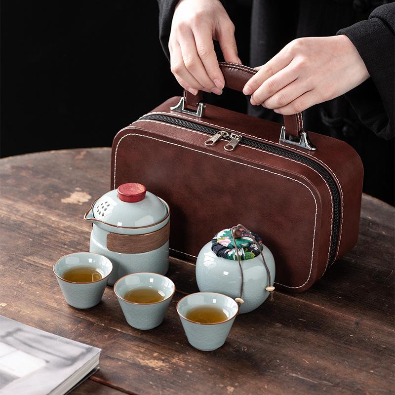 Outdoor Portable One Pot Three Cups Kung Fu Brewing Teapot Teacup Ru Kiln Travel Tea Set Gift Set
