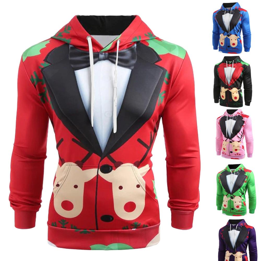 Men Christmas Suit Pattern 3D Print Long Sleeve Hoodie Caps Sweatshirt Pullover