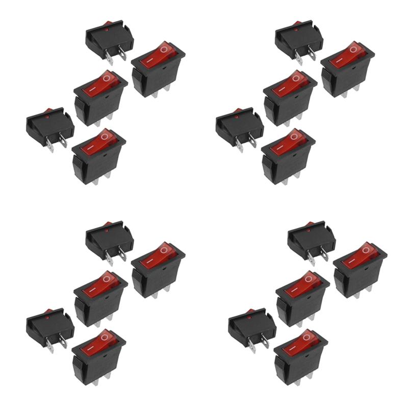 A96I-20 Pcs 2 Pin SPST Red Neon Light On/Off Rocker Switch AC 16A/250V 20A/125V