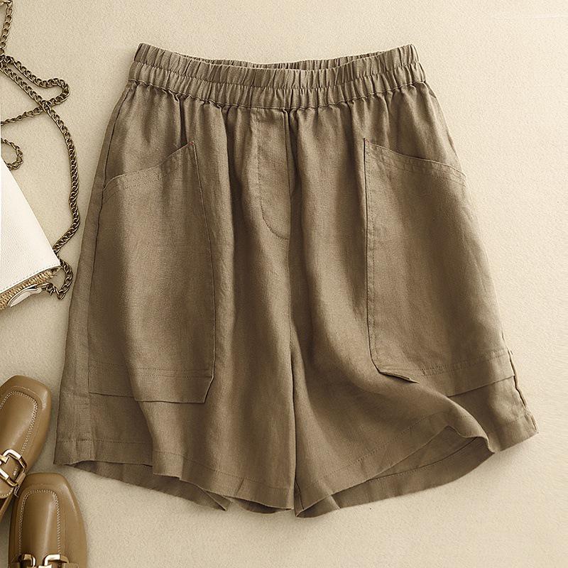 Women's 2024 Retro Cotton-Linen Elastic Waist Shorts with Large Pockets, Wide-Leg, Slimming, Straight-Leg, Versatile Design