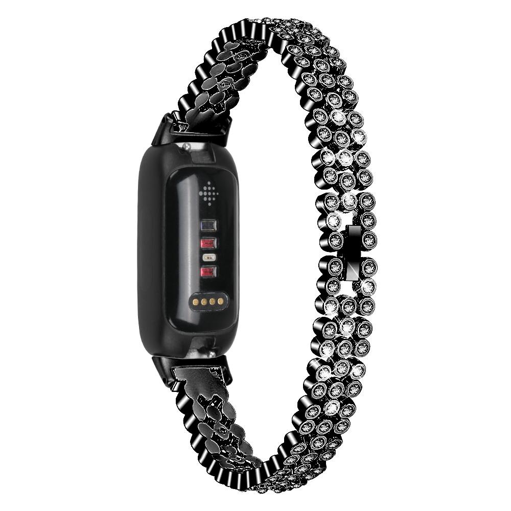 

For Fitbit Inspire 3 Rhinestone Decor Alloy Wrist Strap Replacement Smartwatch Band Black