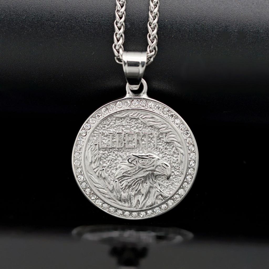 HIP Hop Round 316L Stainless Steel Mens Eagle Pendant Necklace with Rhinestone Jewelry Men
