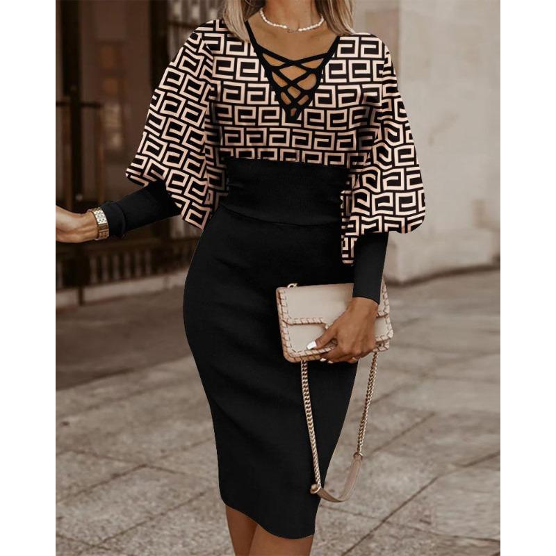 QICED Women's Fashion Autumn Winter  Long Sleeve V-Neck Casual Dresses