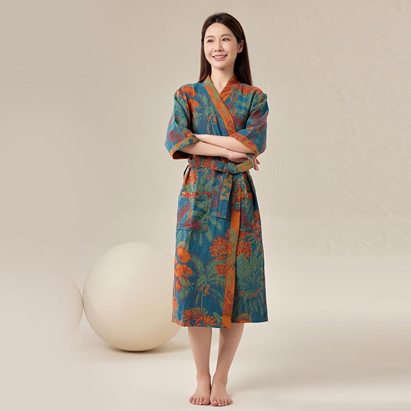 Pure Cotton Double Gauze Chinese Style Couple Bathrobe - Spring/Summer, Thin, Absorbent, Quick-Drying Pajamas/Homewear