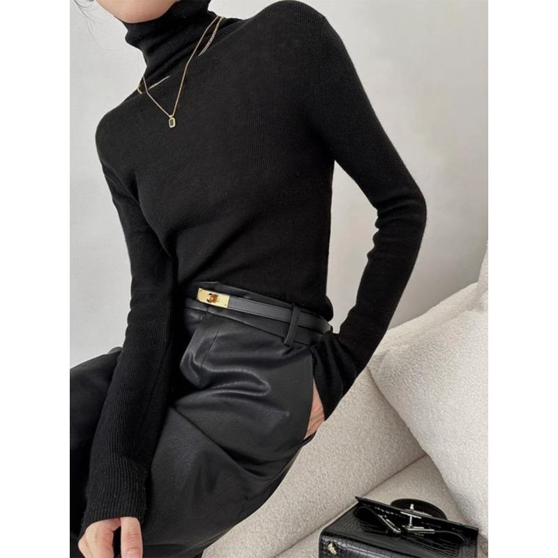 Vintage Coffee Turtleneck Knitted Bottoming Shirt Women's Spring Heap Collar Slim Inside Top Temperament Sweater