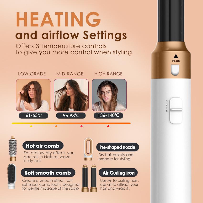5-in-1 Multi-Function Hair Styling Tool: Hot Air Comb, Dual-purpose Hair Dryer, Straightener, Curling Iron