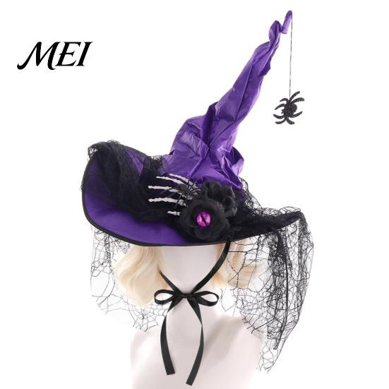 Dark Magician Cosplay Headwear Halloween Witch Hat for Women, Gothic Spider Web Mesh Skeleton Hand Multi Layered Lace Decor Rose Flower Wizard