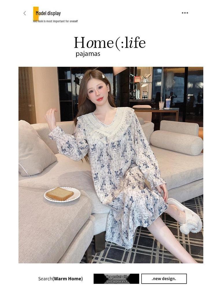 2025 V-Neck Pearl Cotton Long Sleeve Nightgown with Chest Pad – Spring/Autumn Oversized Sleep Dress for Indoor/Outdoor Wear