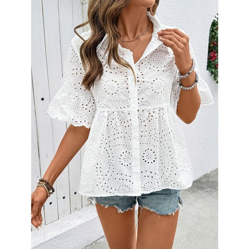 White Lace Women's Blouse Summer New Lapel Hollow-out Embroidery Loose Women's Short Sleeve Women's Shirt Fashion Vintage Casual Office Ladies Tops