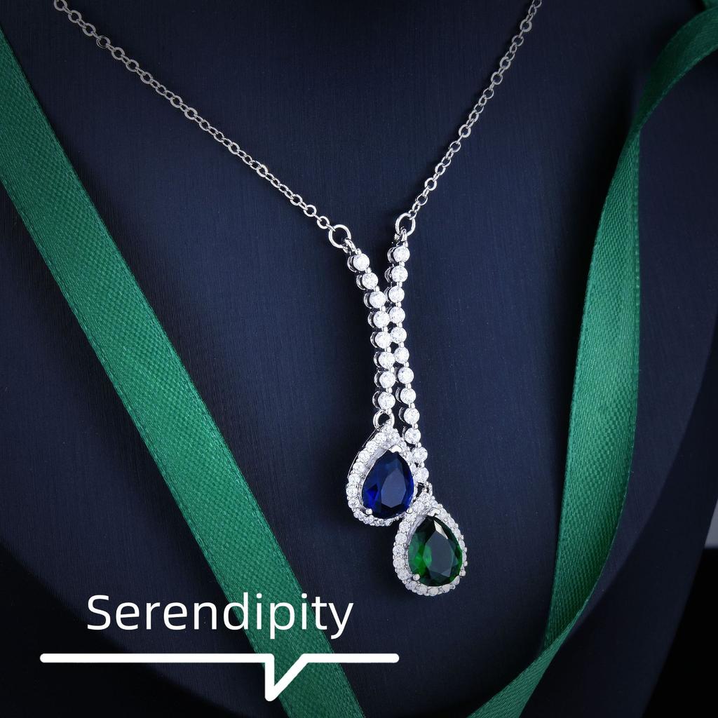 Fashion Luxury Imitation Natural Sapphire Necklace, Celebrity Style Slightly Set With Emerald Water Drop Pear-Shaped Chain For Women