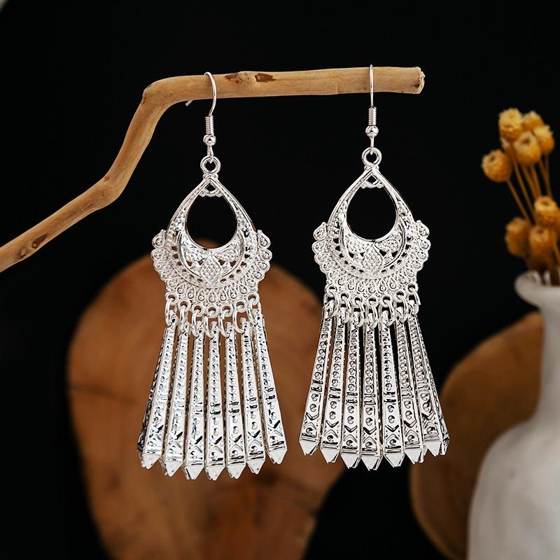 Miao geometric bells, fringed earrings, minority earrings, bohemian long leaf earrings