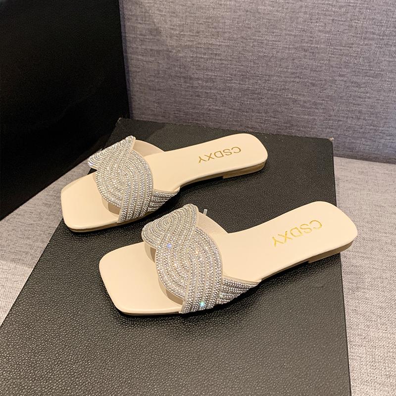 Fashion Stylish and comfortable women's flat rhinestones decorated casual women's outdoor slippers