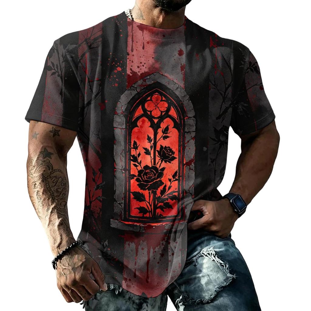 Men's Halloween Print T-Shirt, Short Sleeve Neck Tee for Halloween Celebrations