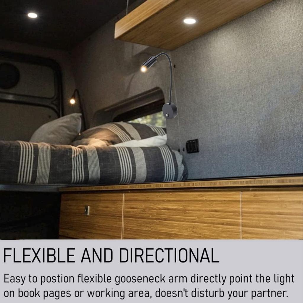 Dimmable RV Reading Light 3 Color Temperature Boat Bedside Flexible Gooseneck Wall Lamp with USB Charging Port 10‑30V Black