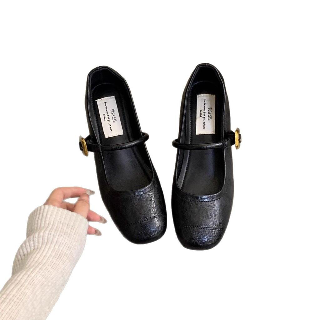 French evening breeze light mouth single shoes women's thick heel 2025 spring new Korean version small leather shoes retro middle heel Mary Jane shoes