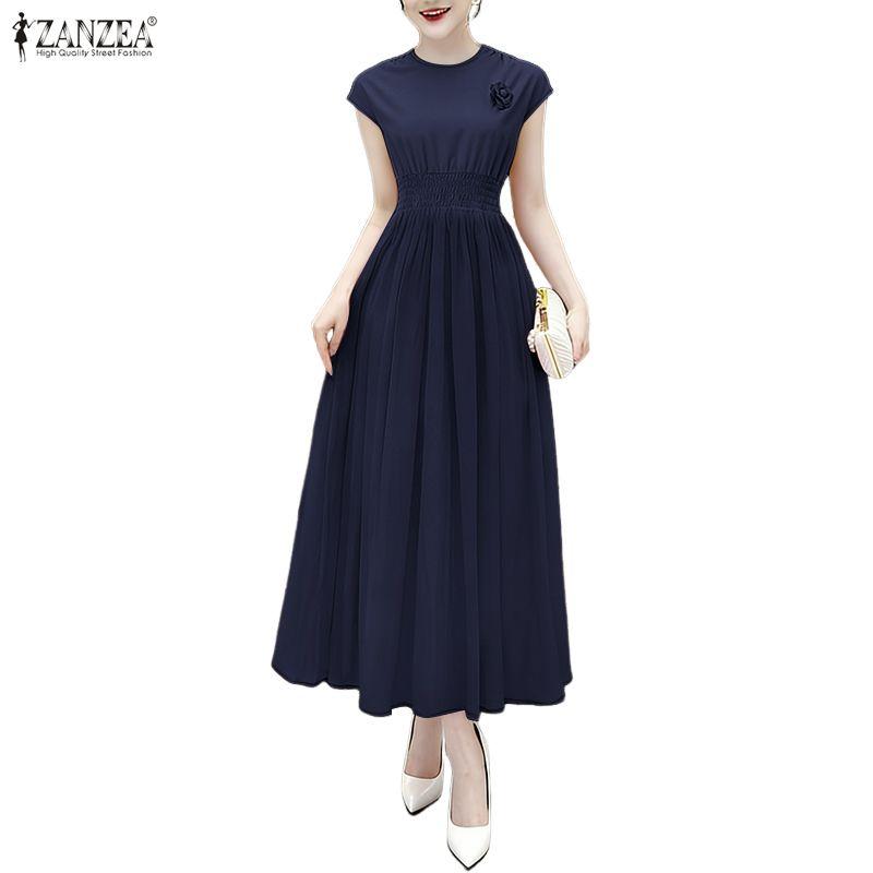 ZANZEA Women Casual Round Neck Summer Short Sleeve Long Dress