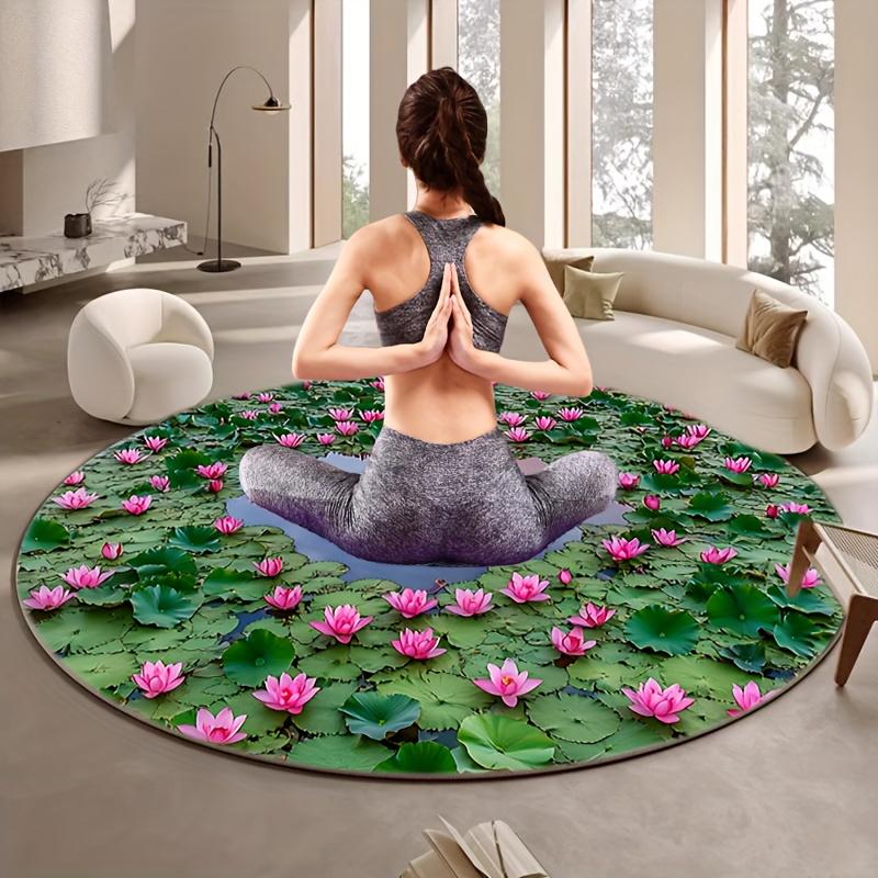 Blooming Pink Lotus Pattern Round Flannel Rug, Meditation Yoga Mat for Indoor Living Room Decor, Portable Floor Cushion